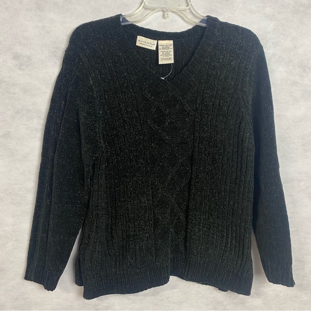 White Stag Womens Sweater Sz 18/20W Black V Neck Long Sleeve Cable Knit